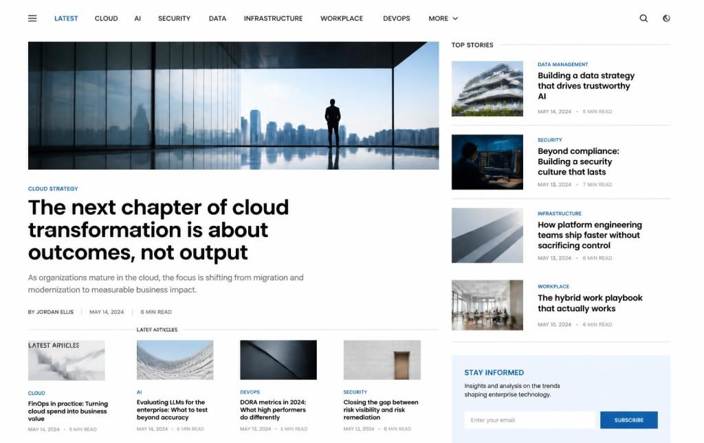 Mockup de uma home editorial corporativa com matéria de destaque, trilho lateral de histórias e rótulos de categoria