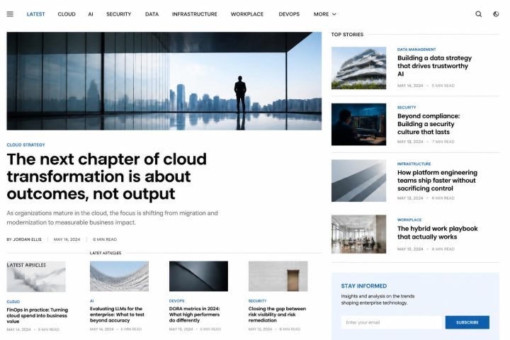 Mockup de uma home editorial corporativa com matéria de destaque, trilho lateral de histórias e rótulos de categoria