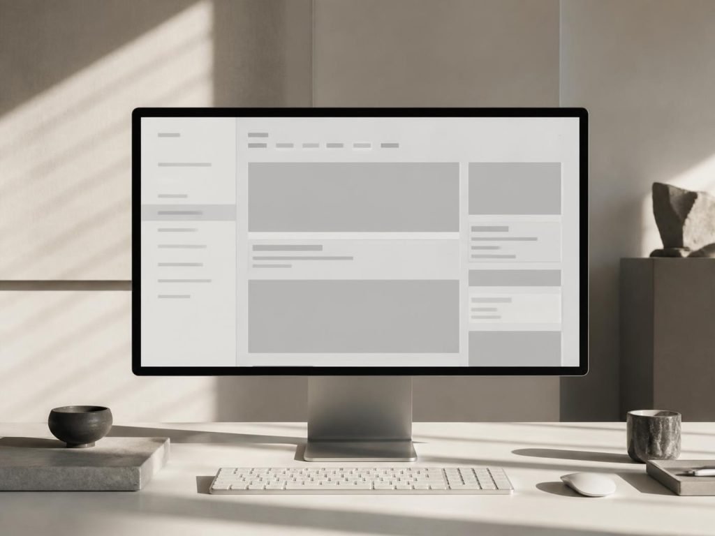 Composição editorial representando uma plataforma de conteúdo corporativa em tela grande e dispositivo móvel