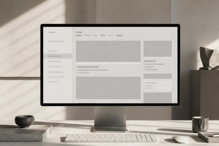 Composição editorial representando uma plataforma de conteúdo corporativa em tela grande e dispositivo móvel