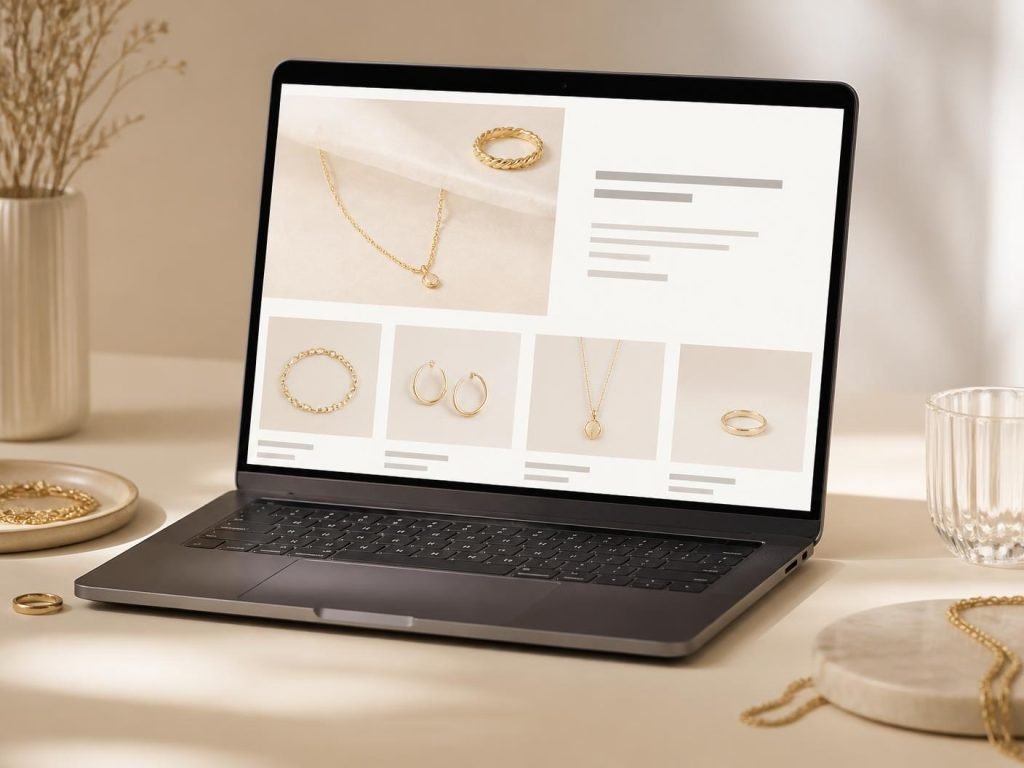 Vitrine de e-commerce de joias apresentada em notebook sobre mesa clara