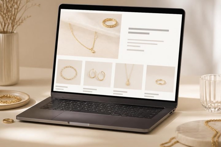 Vitrine de e-commerce de joias apresentada em notebook sobre mesa clara