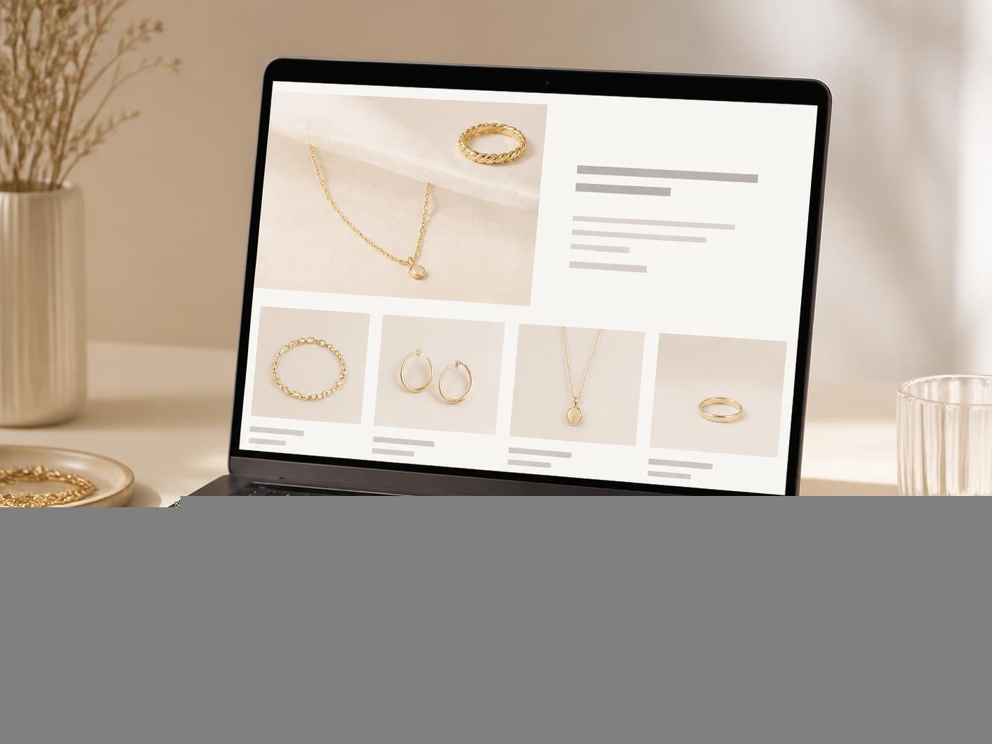 Vitrine de e-commerce de joias apresentada em notebook sobre mesa clara