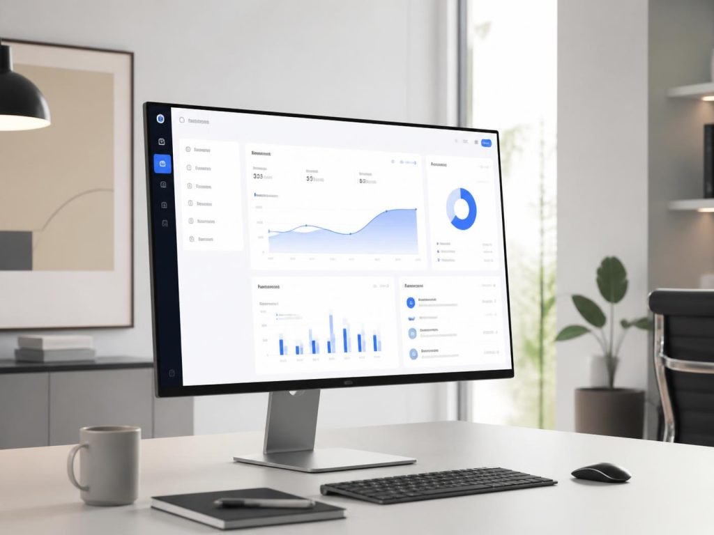 Painel de acompanhamento de obra com etapas, fotos e despesas exibido em monitor