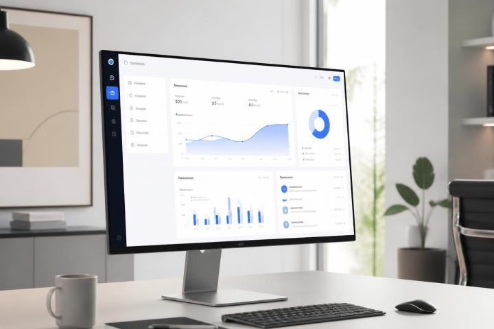 Painel de acompanhamento de obra com etapas, fotos e despesas exibido em monitor